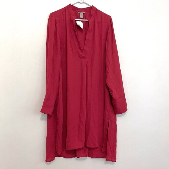 NEW NWT H&M Plus Size Red Pleated V-Neck Long Sleeve Shirt Dress Shift Dress 22 - Picture 1 of 16
